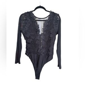 Black Lace Long Sleeve Deep V Mesh Bodysuit | Snaps | Sexy Date Night- 2XL